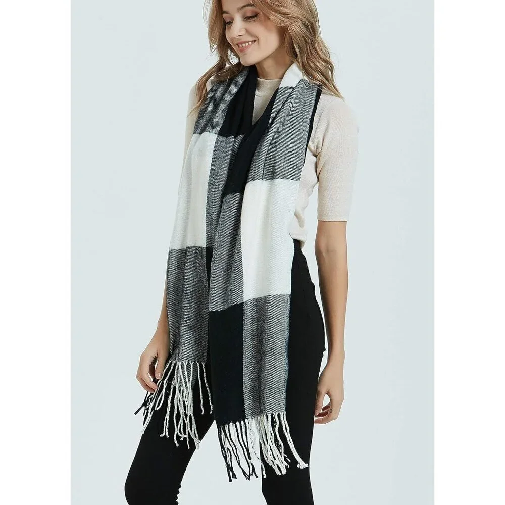 Women's Big Plaid Black Fashion Long Shawl Big Grid Winter Warm Lattice Scarfs